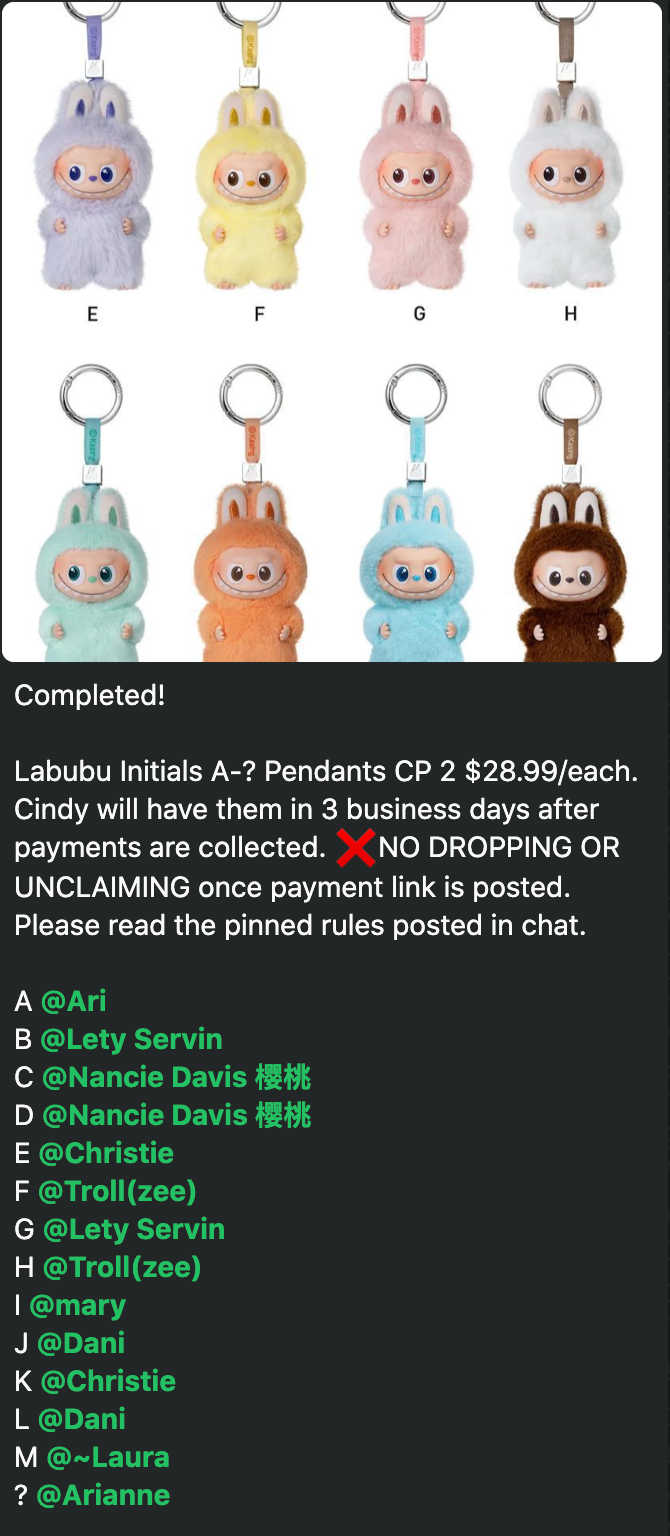 cp2 Labubu Initials A-? Pendants 0831